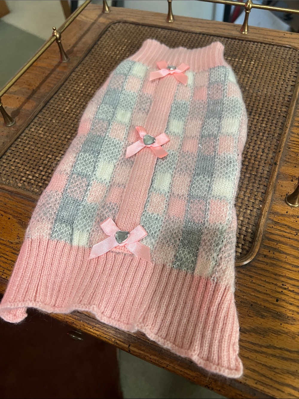 Pink Check Knit Dog Sweater with Ribbon Bows